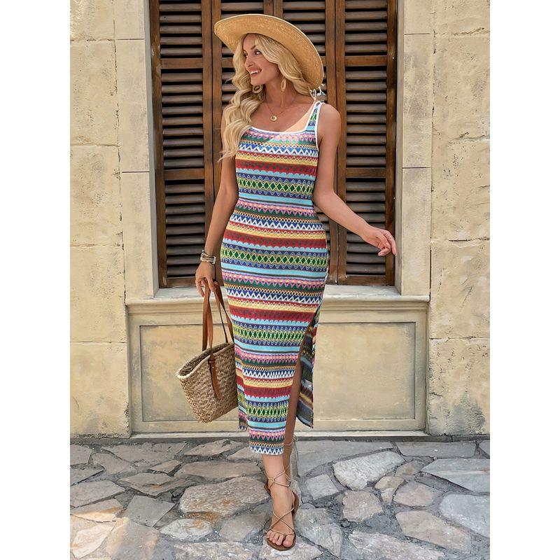 Striped Beach Skirt European and American New Leisure Stripe Holiday Style Skirts Sleeveless Vest Dress