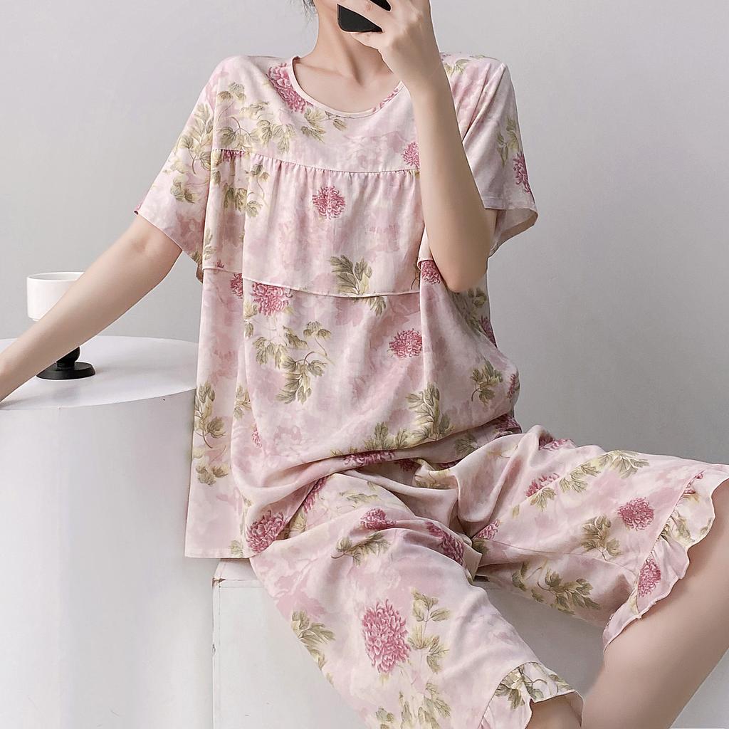 1011 New anti-bump cotton and silk pajamas women's summer ultra-thin short-sleeved trousers cotton and silk set large-size loungewear