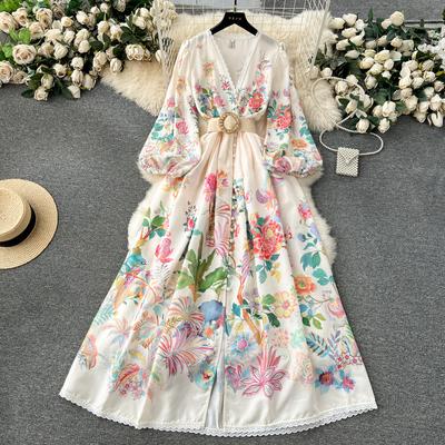 French Court Style Dresses Women's Sweet Lace Lace V-neck Platoon Buttons Slim Long Printed Dress