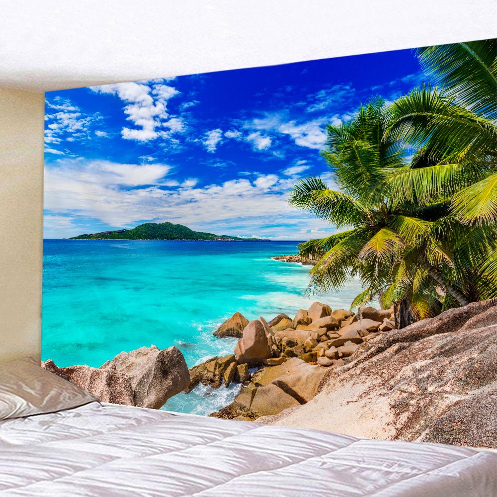 Beach Sunset Landscape Tapestry Wall Hanging Coconut Tree Printed Wall Art Hotel Room Decoration Items Aesthetic Dorm Home Decor