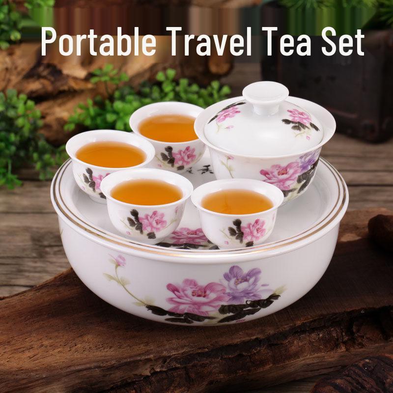 Portable Ceramic Kung Fu Tea Set with Tray and Travel Bag Blue and White Peony Mini Tea Set