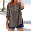 Women's Fashion Loose Standing Collar Button Split Cotton Linen Seven Sleeve T-Shirt Top