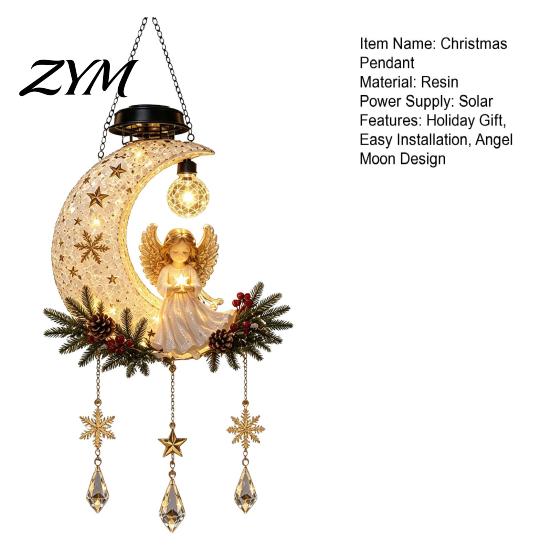 Garden Patio Yard Decoration Solar Angel Moon Light, Christmas Hanging Lantern with Warm Glow, Resin Outdoor Decor for Porch Tree, Faux Crystal