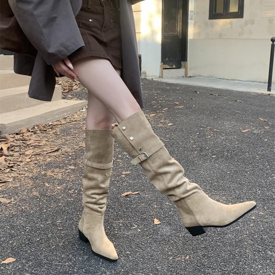 2025 autumn and winter new belt buckle pointed thick heel medium heel boots high boots casual suede over knee boots 2 wear type