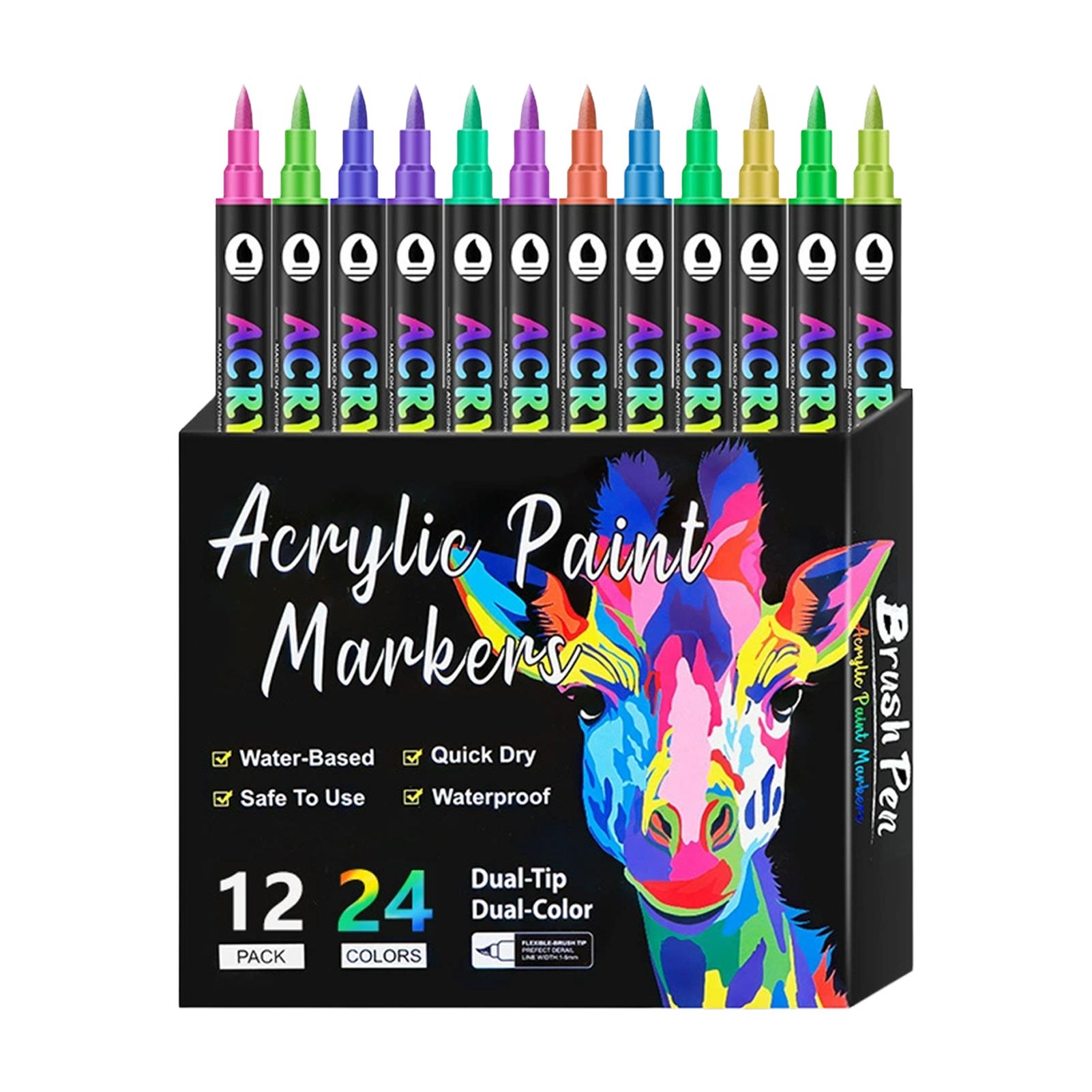 

Dual Tip Dual Color Acrylic Paint Markers 12/24 Set for Kids Art Drawing School Supplies Non Toxic Fast Drying Craft Pens