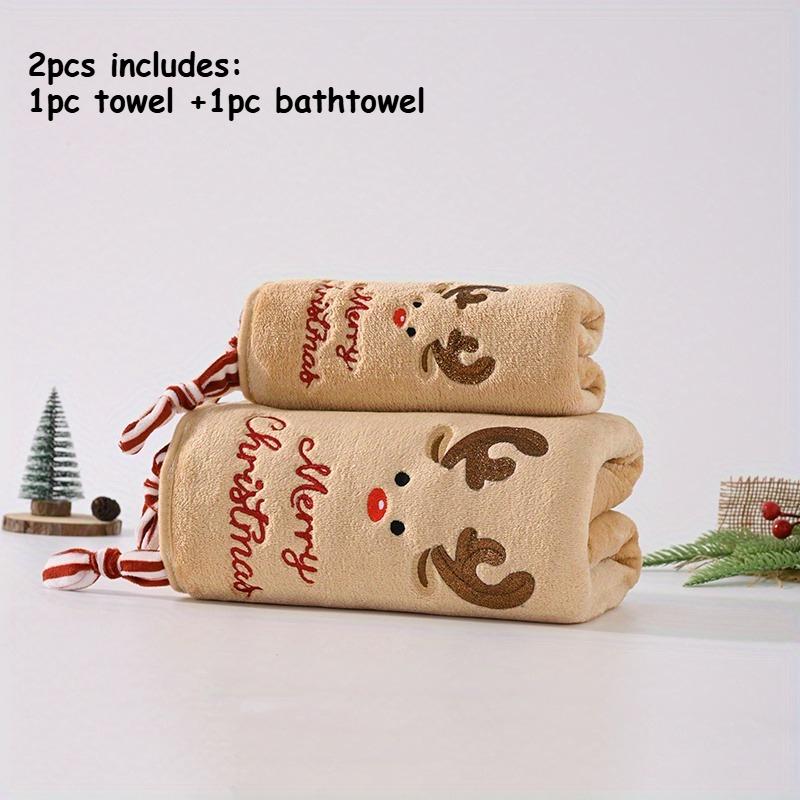 2pcs Christmas Family Set with Snowman, Reindeer & Santa Design Towels Ultra-Soft Coral Fleece Bath Towel, High Absorbency Gift