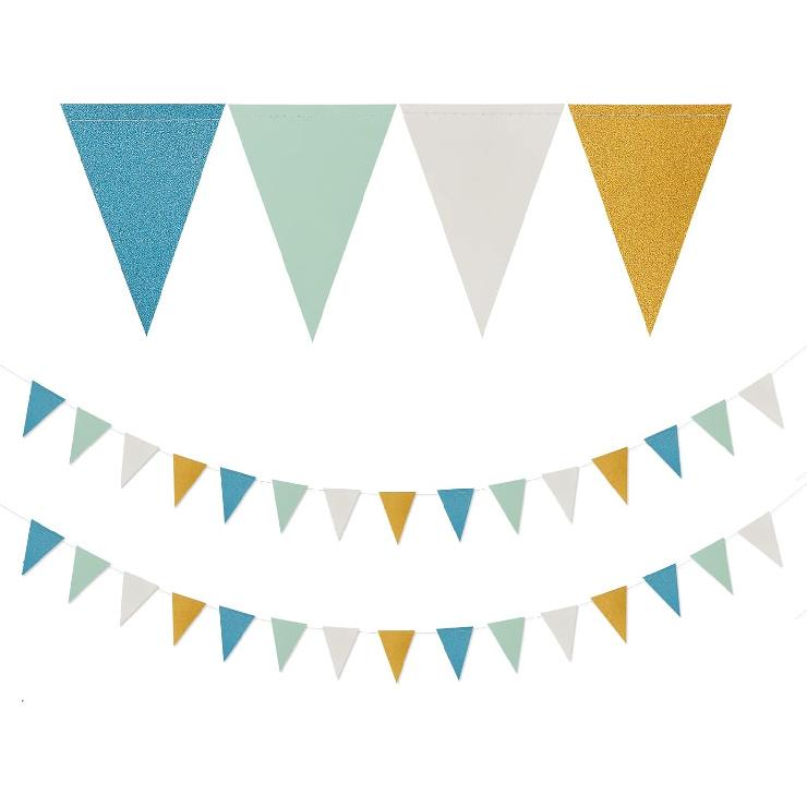 Navy-Blue White-Gold Party Decorations Banner - 2 Pack Men Birthday Graduation 2025 Glitter Sprinkles Paper Pennant Triangle Flags, Fathers Day