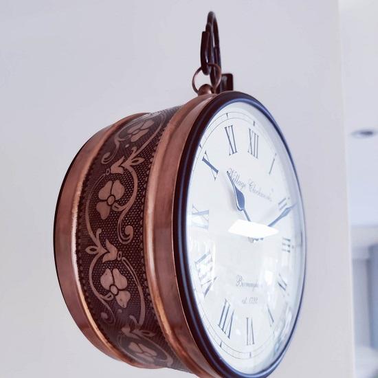 Vintage Style Hanging Metal Clock - Made with Brass / Double-sided Analogue Railway Clock / Antique Brass or Copper Ornamental Finish