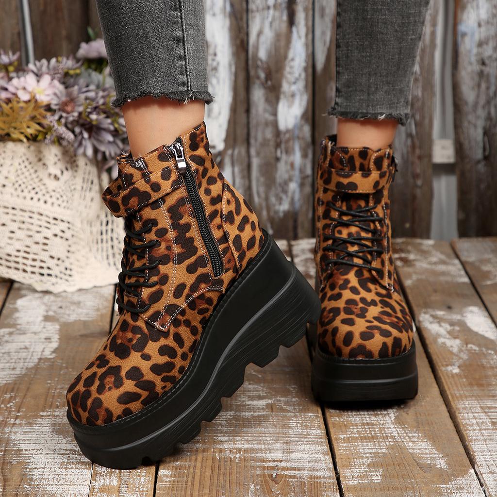 Women 2025 Leopard Plus Size Ankle Boots Side Zip Front Lace-up High Heels Shoes Wedges Platform Comfortable Outdoor Wedge Boots