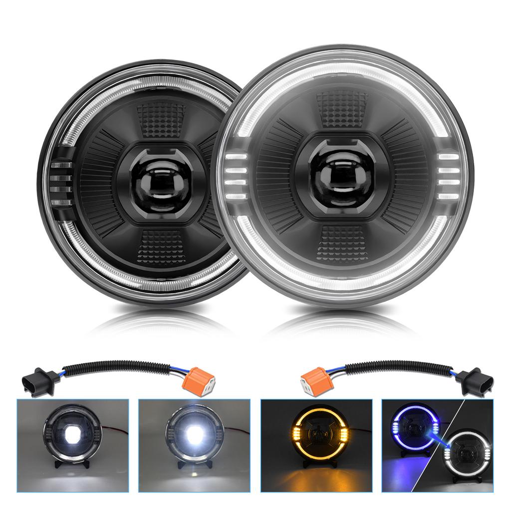 2 PCS LED Headlights, 7 Inch Waterproof Round Headlamps with High Low Beam DRL Turn Signal