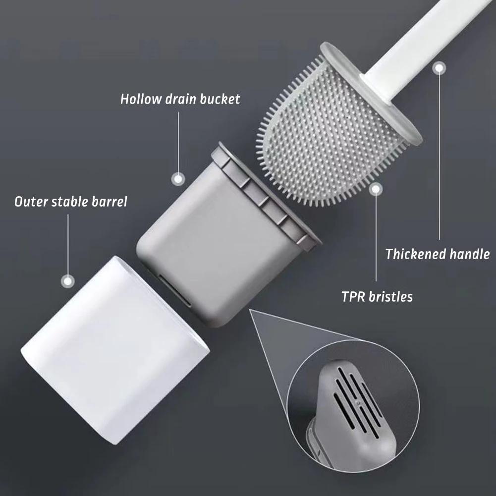Flexible Toilet Brush Cleaner Long Handle Hanging Silicone 360 Degree No-Dead-Corner Flexible Cleaner Brush Holder Set Bathroom