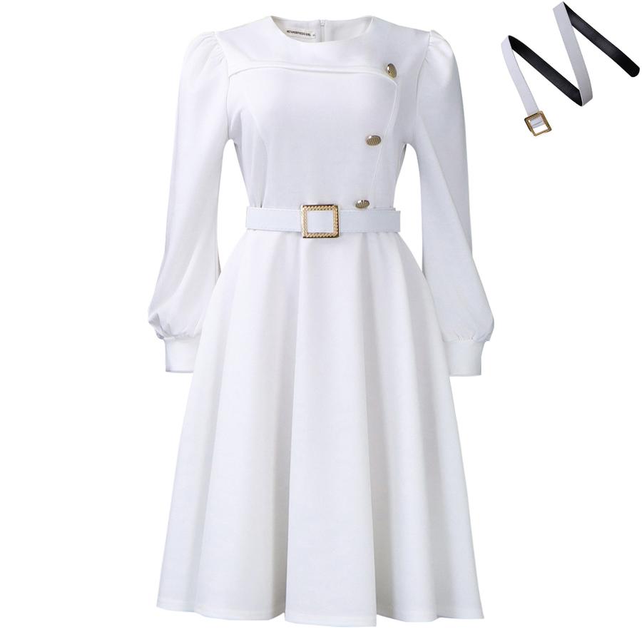 New Style Crew Neck Long Sleeve High Waist A-Line Dress Elegant Party Wear Solid Color  Dress