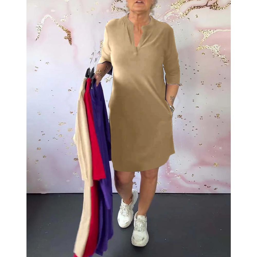 

HNXC Женская мода лето весна однотонный принт короткий рукав V-образный вырез повседневные платья XXXL хаки