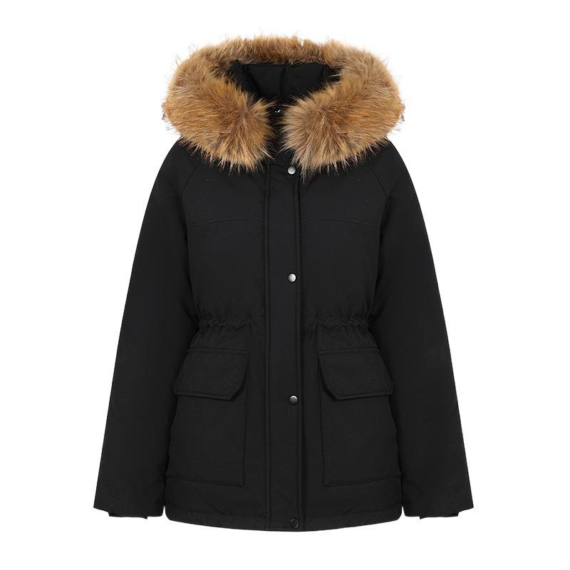 Offline supermarket orders women's pie to overcome extra thick cotton big fur collar hooded waist pumping process, solid workmanship, winter women'