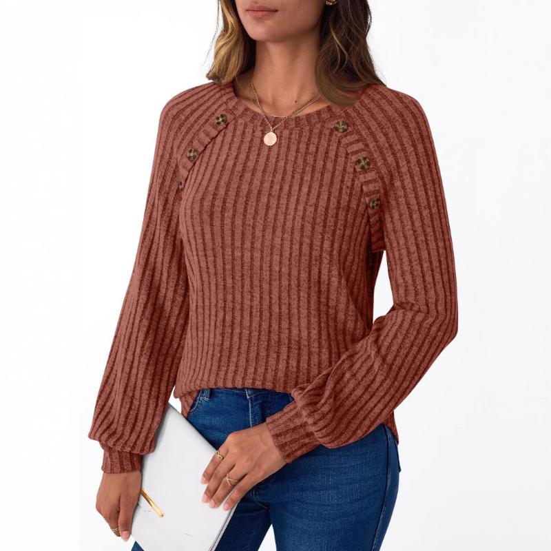 European American New Style Women's Crew Neck Button Temperament Ribbed Casual Hoodie Spring Autumn Base Layer Top