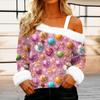Women's Casual Fashion Sexy Off-Shoulder Collar Christmas Pattern Long Sleeve Crewneck T-Shirt Top