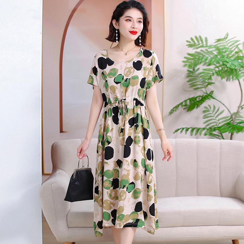 Elegant Floral Summer Dress for Women - Mid-Length, Loose Fit, Plus Size, Tummy Concealing, Cotton Silk Blend