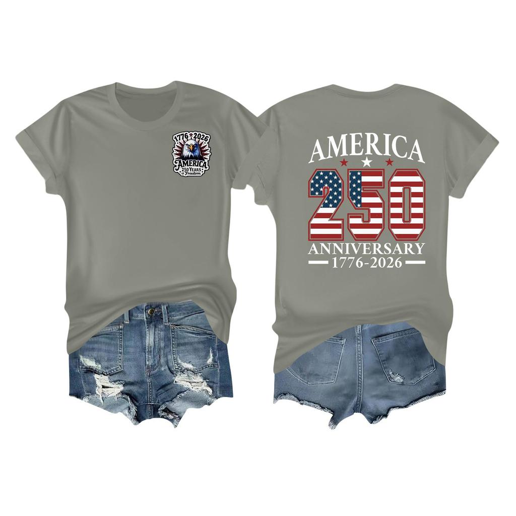 Women's Casual Independence Day 250 Anniversary Printed T-shirt Round Neck Pullover Short Sleeve Top