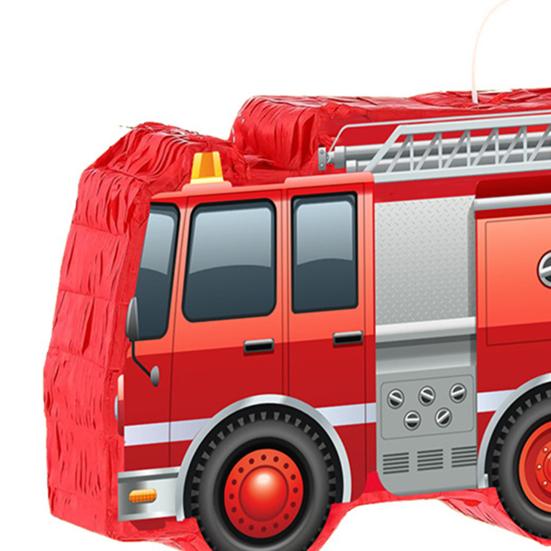 Pináta Hasičské auto s tyčí, šátkem na oči, konfetami, malá hasičská narozeninová dekorace pro děti, chlapce, potřeby pro narozeninovou oslavu s tématem hasičského auta