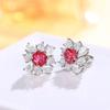 Flower shaped inlaid with red zircon earrings, fashionable and personalized, suitable for attending banquets with accessories