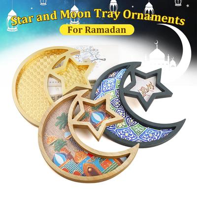 Eid Mubarak Mond Stern Süßigkeiten Dessert Tablett Holztablett Kuchen Lebensmittel Halter Teller Islamisch Muslimisch Ramadan Kareem Heimparty Dekorationen