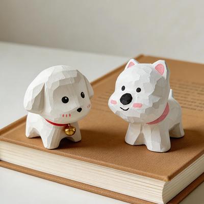 Cute Hand Carved Decorative Wooden Dog Figurines Hand-Painted Puppy Statue Ornament for Home Desk Decor Gift for Dog Lovers