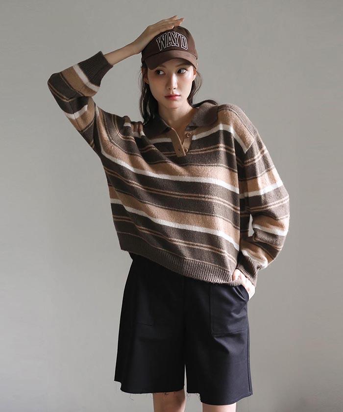 Beleunepeu Of Stripe Pullover Knit_Brown