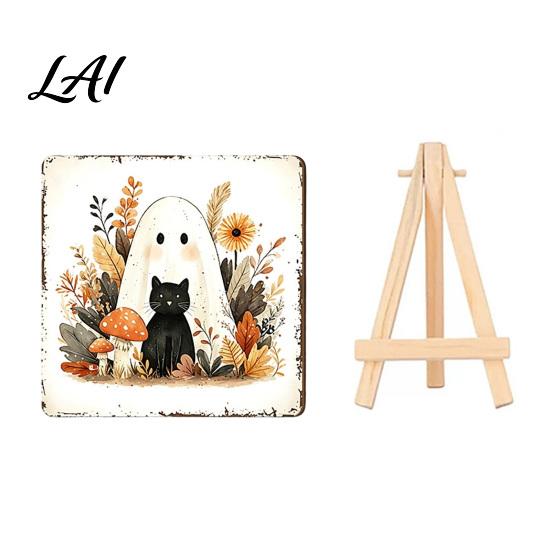 Wooden Ghost Figurine for Shelf Halloween Wood Tabletop Sign with Mini Easel Cute Pumpkin Decorative Signs Autumn Plaque Rustic Ornament Home Decor