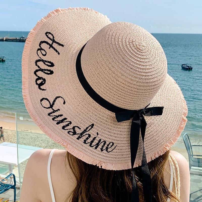 Summer Bow Sun Hat Female, Seaside Beach Vacation Sun Hat Outdoor Big Brim Sun Hat Sweet Straw Hat