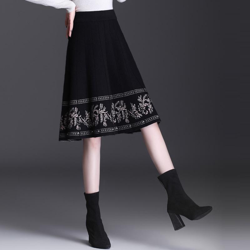 Ethnic Style Floral Knit A-line Midi Skirt - High Waist Autumn/Winter 2025