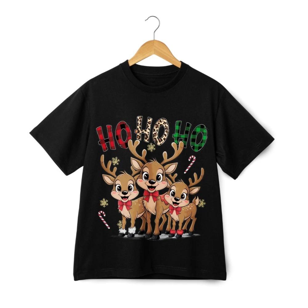 Cute Reindeer Christmas T-Shirt HO HO HO Holiday Cartoon Graphic Tee 4XL