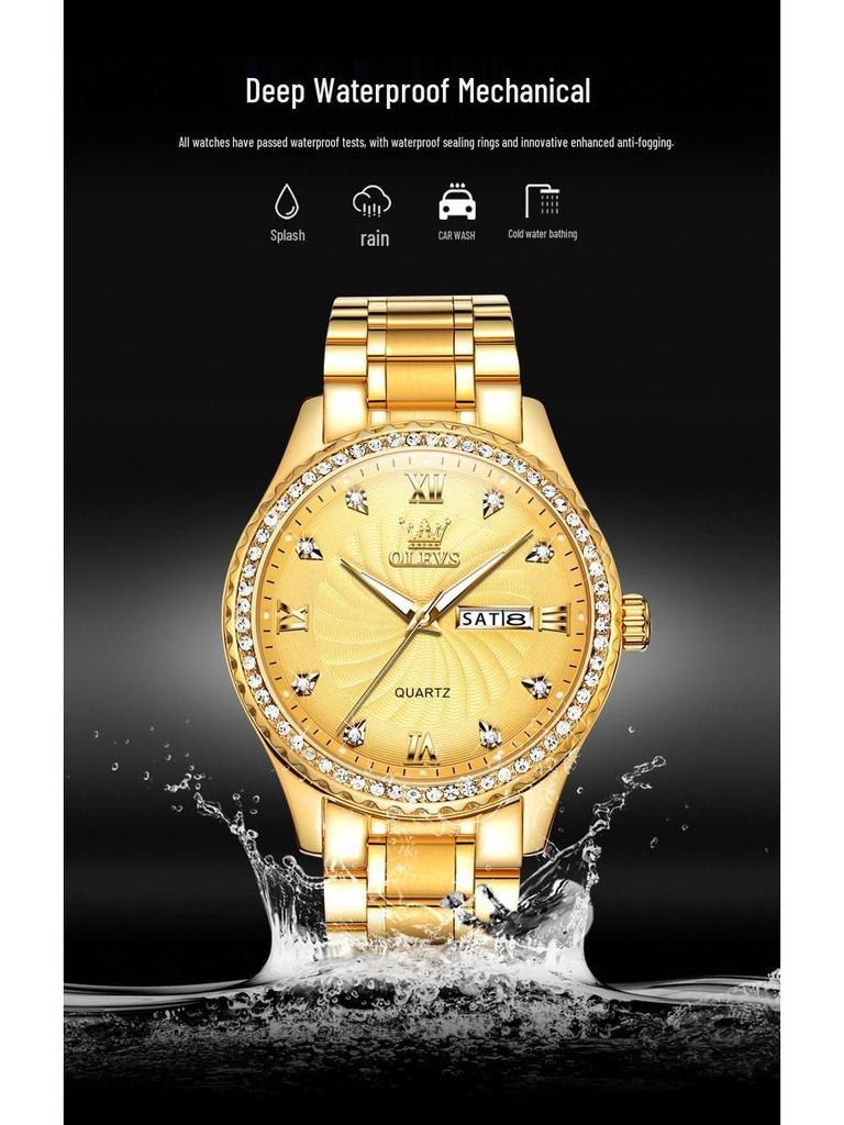 OLEVS Luxus Gold Diamantenbesetzte Wasserdichte Herrenuhr