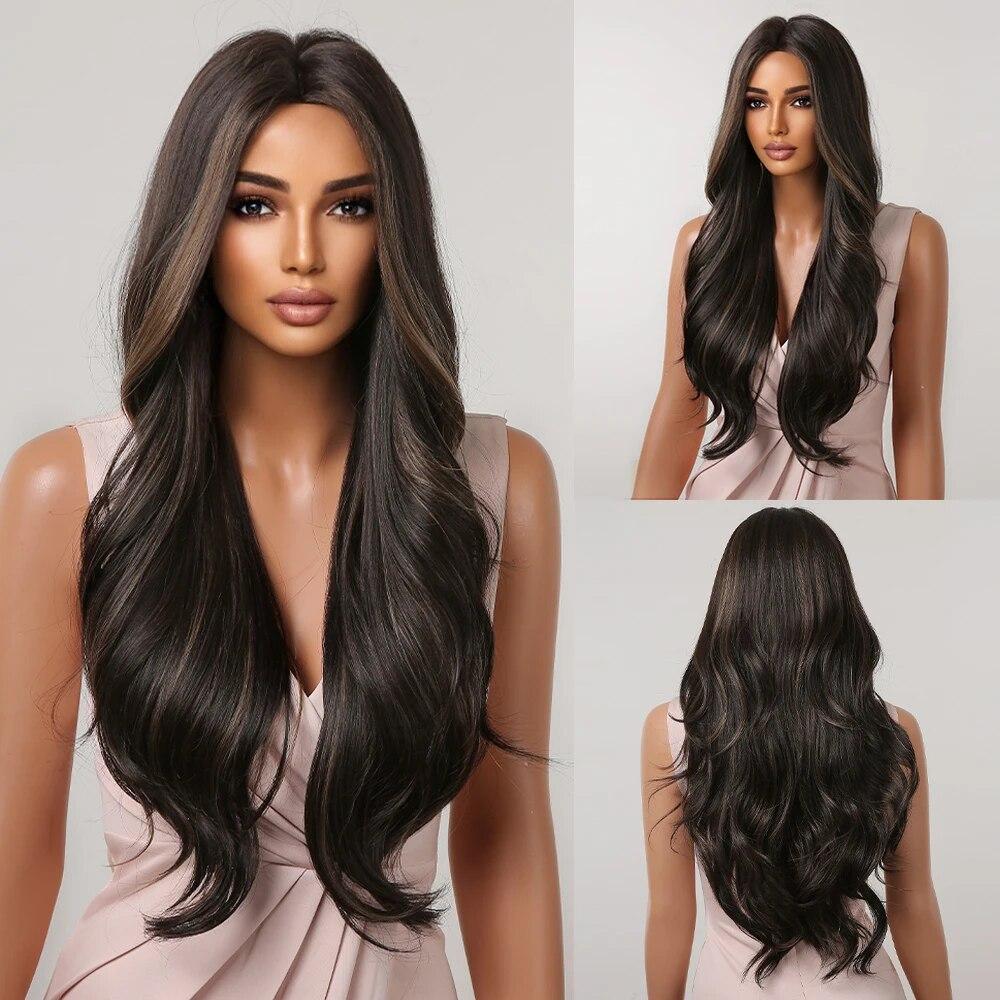 Long Water Wave Synthetic Wigs with Bangs Natural Ginger Brown Loose Curly Wavy Wig for Black White Women Heat Resistant Daily