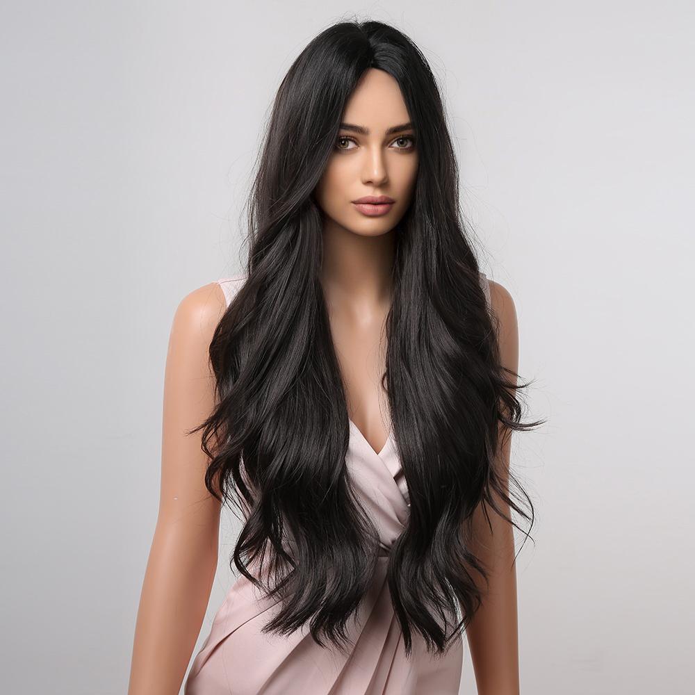 Long Wavy Synthetic Wigs for Black Women Dark Brown Wig Natural Middle Parting Wavy Daily Cosplay Hair Heat Resistant