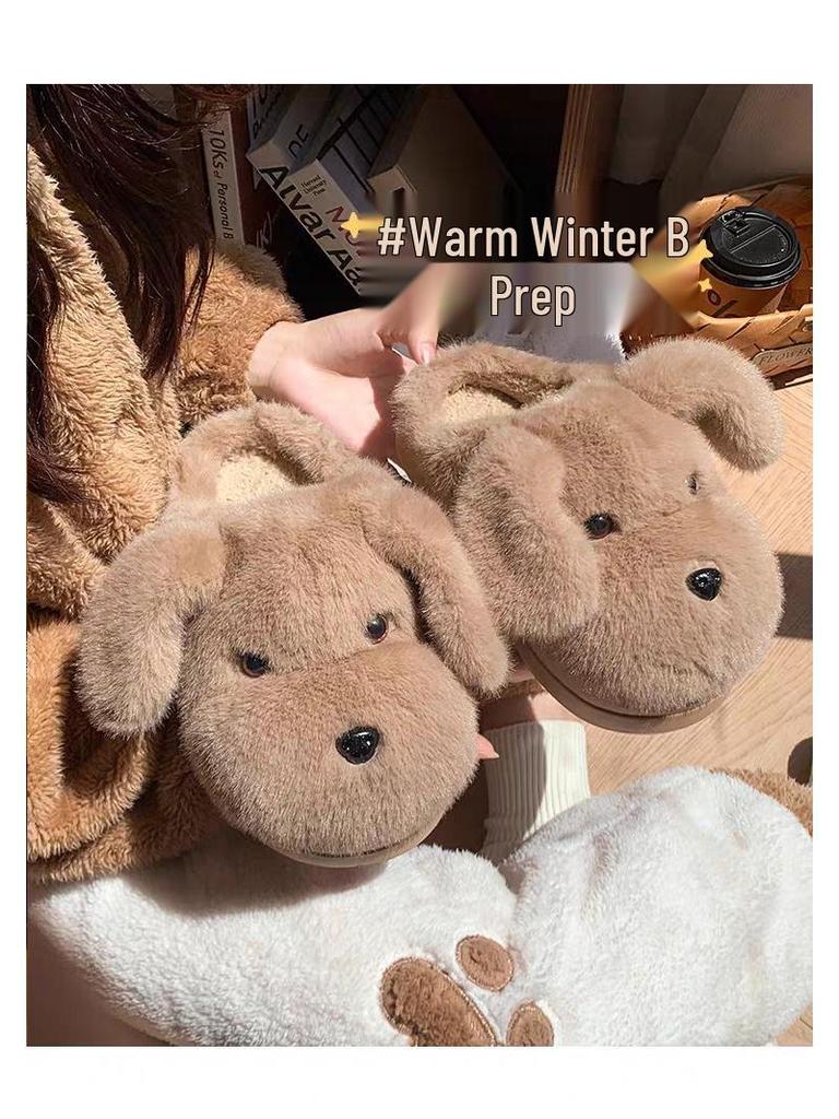 2025 Dámské roztomilé plyšové bavlněné pantofle s pejskem - Hřejivé, protiskluzové vnitřní zimní boty do studentských kolejí