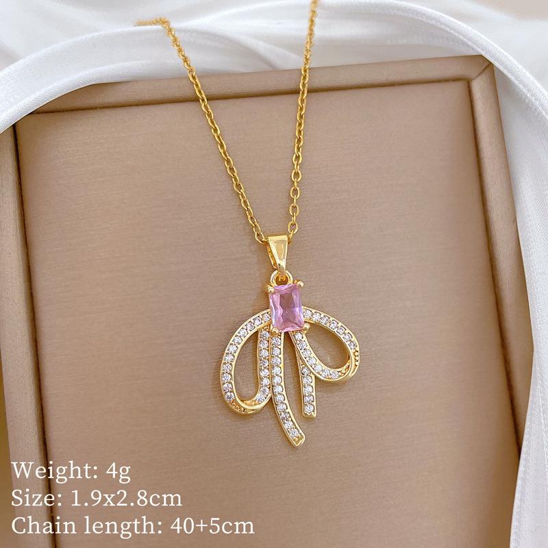

Fashion Luxury Zircon Bowknot Pendant Necklace for Women Stainless Steel Chain Jewelry Accessory Gifts
