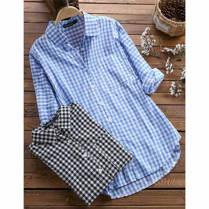 

Long Sleeve Shirt Tops Blouse Plus Size Loose Casual Check Plaid Womens Ladies
