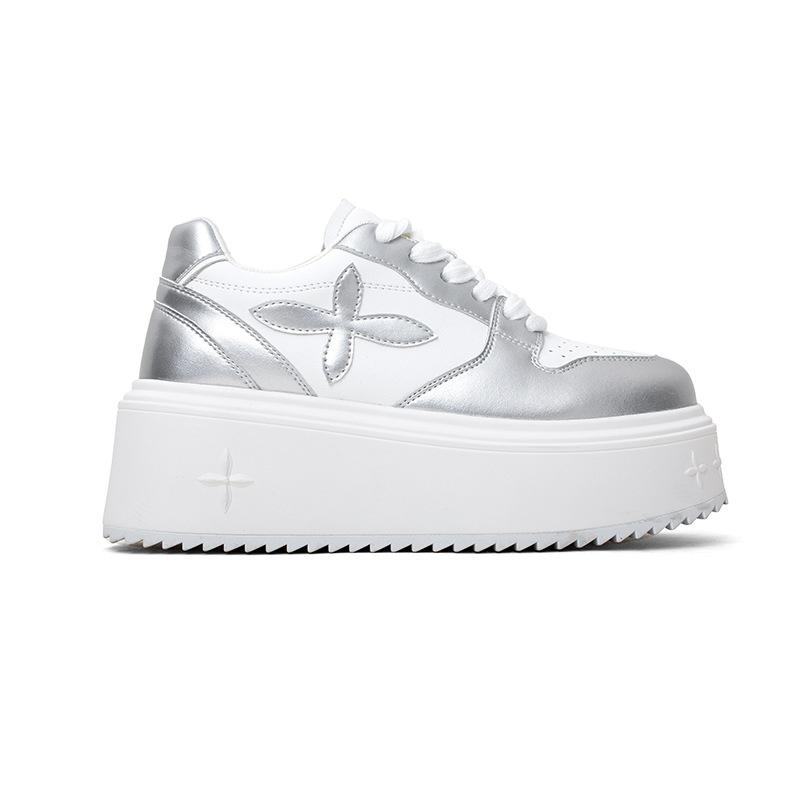 

Cowhide version~ thick-soled heightening leather little white shoes for women 2025 spring and summer new versatile casual sports board shoes for women 40 серебряный