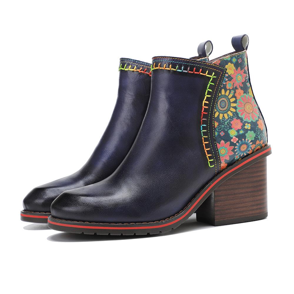 Johnature Genuine Leather Women Shoes Thick Heeled Short Boots  Round Toe Patchwork Handmade Ankle Boots