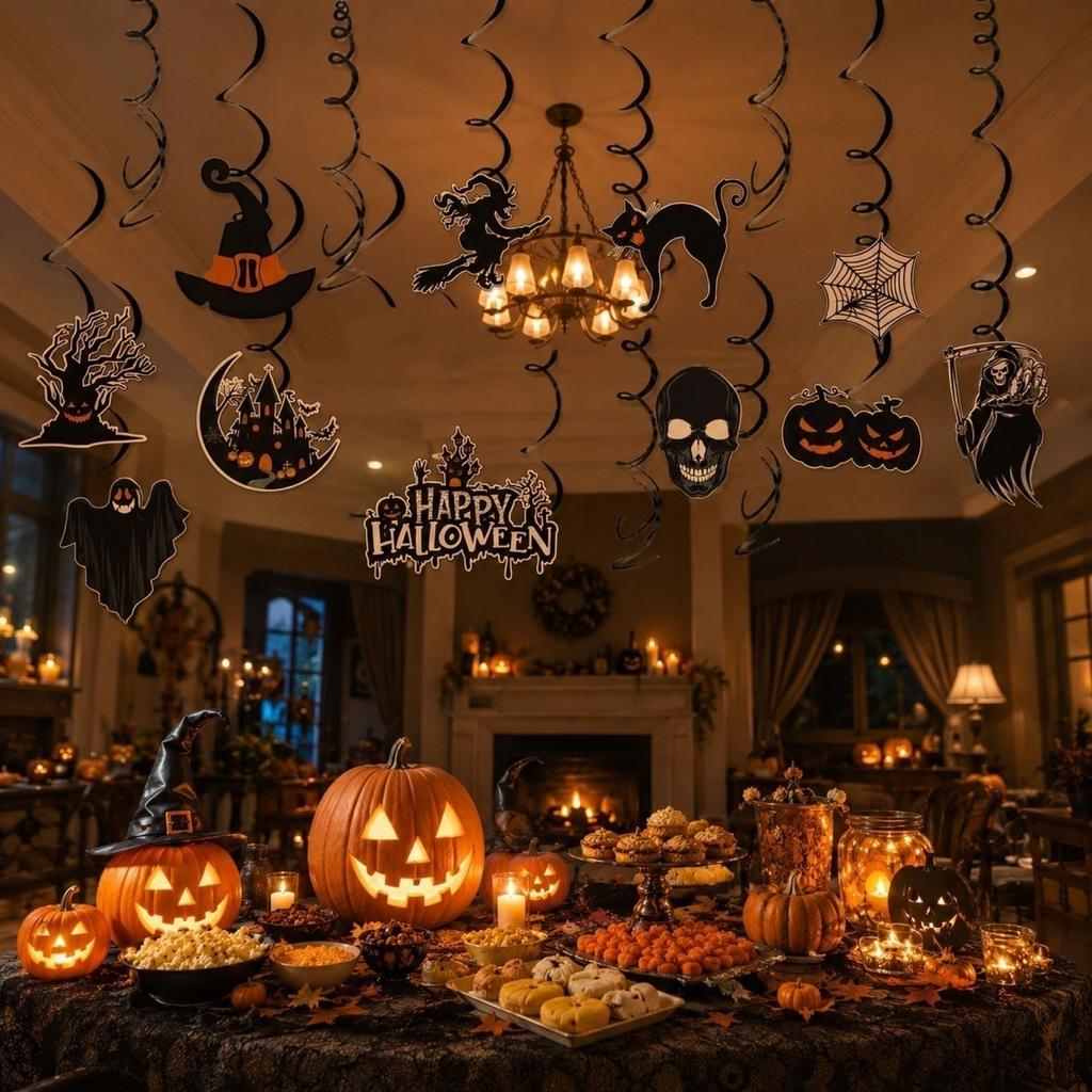 Halloween Party Hanging Swirl Decorations Set with Witch Hat Black Cat Skull Pumpkin Ghost Spider Web and Happy Halloween Sign for Indoor Outdoor Use