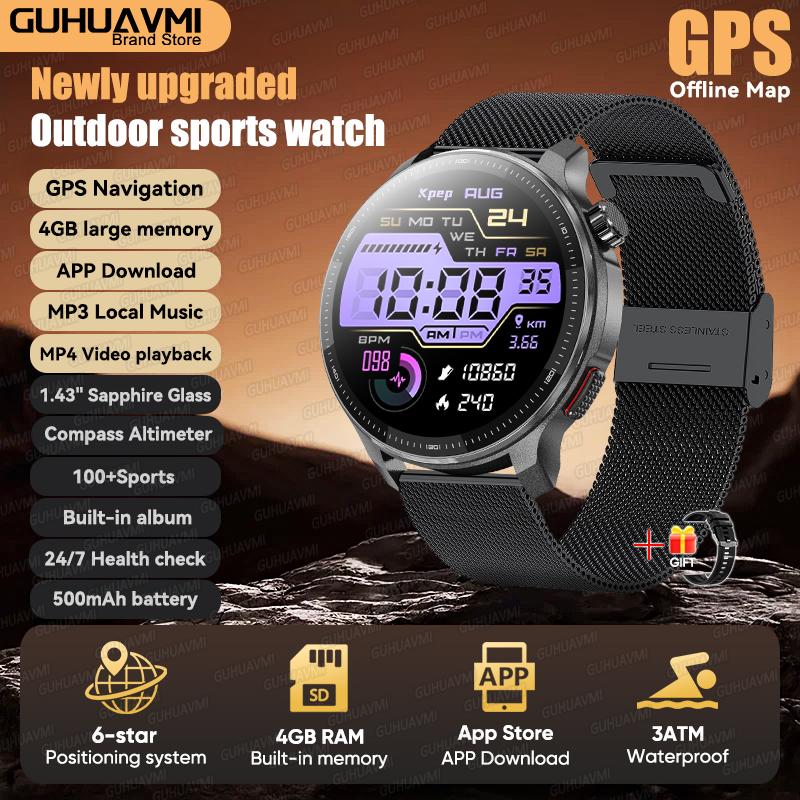 New Outdoor GPS Offline Map Sports Smart Watch Compass Altimeter 4GB Memory Video Music Playback Waterproof Smartwatch Men