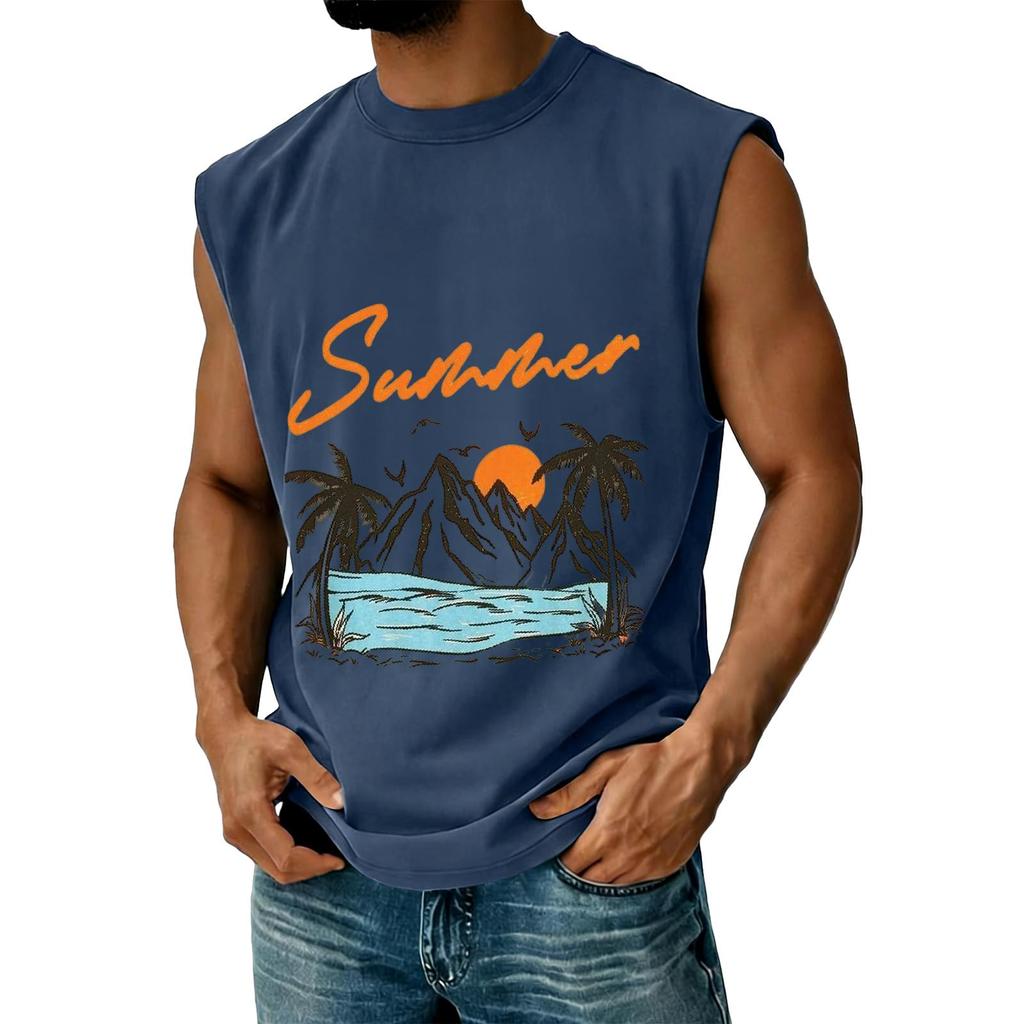 Men's Sleeveless Casual Athletic Vest Summer Graphic Print Muscle Tank Top Outdoor Gym Workout Shirt Beachwear