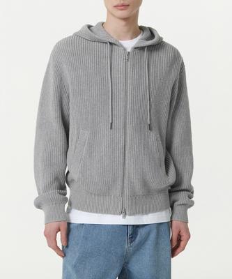Ribbed Knit Hooded Zip-Up [Melange Gray]