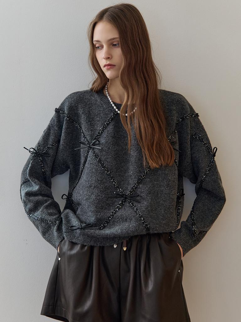 MAXZA Ribbon Detail Glitter Mix Round Neck Knit