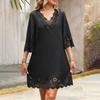 Women Loose High Waist A Line Summer Dress V Neck Lace Burnt Flower Half Sleeve Solid Color Sizes S XL