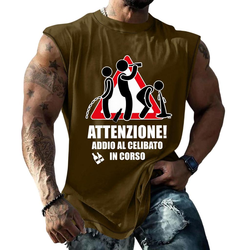 Men's Casual Loose Fit Sleeveless T Shirt Bachelor Party Graphic Print Warning Sign Design Summer Top for Outdoor Activities
