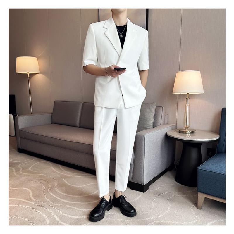 

Мужской белый костюм с коротким рукавом, комплект из 2 предметов, узкий пиджак + брюки, повседневный деловой образ L белый