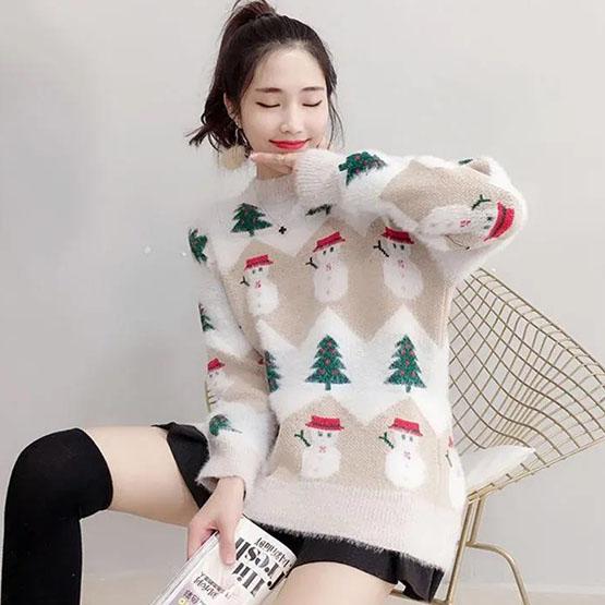 Female Large Size Vintage Loose Print Sweaters Women's Autumn and Winter Sweet Style Knitted Pullover Tops