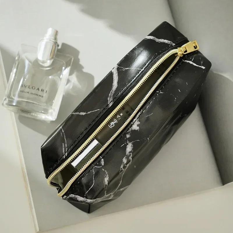 

Pink PU Marble Pattern Women Cosmetic Bag Multifunction Toiletries Organize Storage Handbag Female Waterproof Makeup Case 18x9x6cm чорний