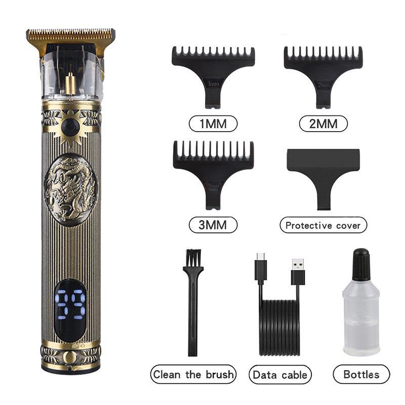Retro T9 Electric Hair Clipper with LCD Display, USB Charging, Buddha Head Design, Oil Head Styling, and Power Push Technology.